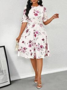 SHEIN Lady 女士碎花圆领泡泡袖中长连衣裙，优雅夏季连衣裙，女士碎花连衣裙，优雅印花连衣裙 - 白色 - 查看 5