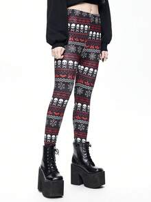 ROMWE Gothic Style Christmas Skeleton, Bat, Spider Web, Snowflake, Iris Flower Print Women Elastic Leggings - Black - View 6