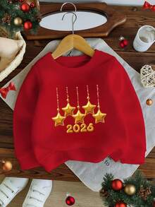 SHEIN 女婴时尚休闲星形印花2026新年圆领长袖卫衣，圣诞节，适合秋冬季节，轻盈舒适，秋季叠穿可选，时尚休闲，图案设计，返校季，秋季，返校派对，适合户外野餐、街头摄影、居家、校园、假期，情人节、圣诞节、新年礼物 - 紅色 - 查看 3