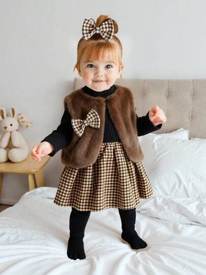 Baby Girls Elegant Brown Vintage Houndstooth Print Long Sleeve Dress With Matching Fuzzy Vest 2 Pieces Set, Slim Fit, Suitable For Outings, Dates, Shopping, Casual Home Wear, And Parties Skirt Outfit With Jacket Baby Girl Brown Toddler Outfit Girl Baby Girl Fall Winter Outfit Toddler Girl Outfit Baby Clothes Girl Fall Winter