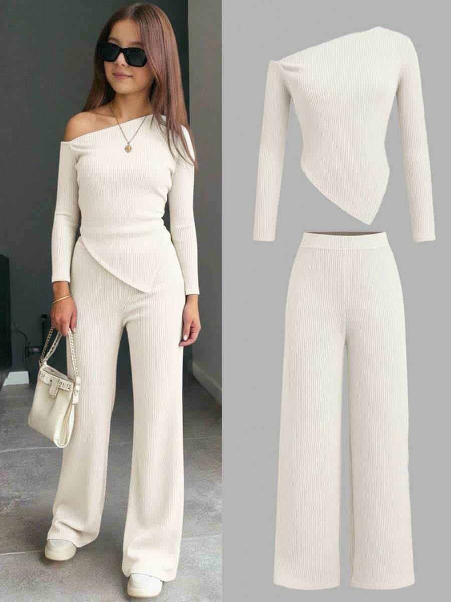 Firerie Kids Firerie Kids 两件套少女休闲针织不对称领T恤和阔腿裤套装，适合秋冬季日常休闲穿着 - 杏色 - 查看 1