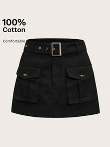 SHEIN EZwear Plus Size Women's Casual Black Cargo Mini Skirt, Autumn/Winter ,Christmas, New Year,Thanksgiving,Party,Wedding,Beach,Graduati,Chic,Elegant,Casual,Going Out,Date,Appointment, Commute - Black - View 1