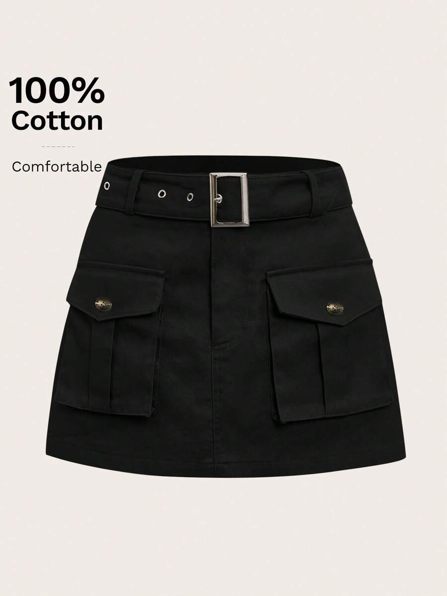 SHEIN EZwear Plus Size Women's Casual Black Cargo Mini Skirt, Autumn/Winter ,Christmas, New Year,Thanksgiving,Party,Wedding,Beach,Graduati,Chic,Elegant,Casual,Going Out,Date,Appointment, Commute - Black - View 1