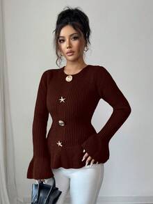 SHEIN Elenzya 女士优雅金属扣袖口荷叶边下摆长袖毛衣，秋冬款 - 鏽棕色 - 查看 6