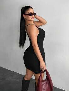 SHEIN SXY Váy bó sát gợi cảm phối ren dành cho nữ - màu đen - Xem 3