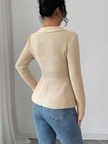 Elenzga كارديجان مزيف أنيق ومصقول، كنزة صوفية طويلة الأكمام باللون الأزرق الداكن، خريف/شتاء - لون مشمشي - مشاهدة 2