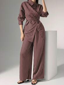 Heiryn Korean Style Cinched Waist Wrap Shirt Two Pieces Set, Versatile For Commute And Daily Wear - Dusty Pink - View 4