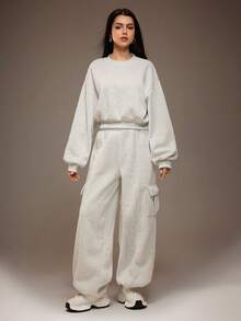 Sparklyn 2-Piece Set Teen Girl Solid Color Round Neck Drop Shoulder Long Sleeve Sweatshirt And Cargo Pants Casual Suit Light Gray Variegated Texture Round Neck Waistband Loose Lantern Sleeves Medium Thick Looped Fabric Workwear Style Drawstring Sweatpants Set Suitable For Commuting Out Of The Street/Coffee Exploration/Casual In Spring And Autumn Slouchy Style Items - Grey - View 4