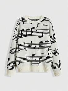 ROMWE Women's Retro Musical Note & Treble Clef Jacquard Knit Sweater - Black and White - View 1
