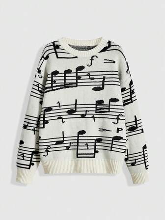 Damen Retro Pullover mit Musiknoten- und Violin-Schlüssel-Jacquard-Strick