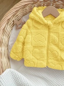 SHEIN Chaqueta con capucha de invierno cálida y casual con patrón de corazón de peluche y decoración de lazo para bebé niña recién nacida