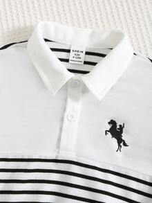 SHEIN 两件套男女宝宝加厚条纹Polo衫和牛仔印花裤套装，舒适休闲时尚，适合日常穿着，室内、室外、运动、派对、拍照、节日、街头风、运动服、慢跑服、圣诞节、新年、秋冬季等场合。 - 黑與白 - 查看 3
