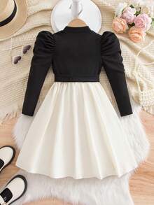 少女优雅可爱天鹅绒拼接串珠荷叶边长袖连衣裙 - 黑與白 - 查看 2