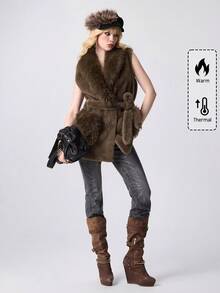 ROMWE EDITION Damen einfarbige Jacke mit geknoteter Taille, ärmellos, mit Kunstfell, Herbst/Winter - Grau - Übersicht 1