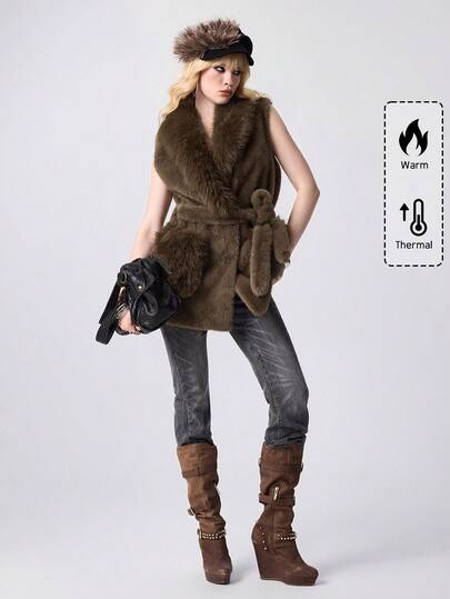 Grunge Punk Women's Solid Color Knotted Waist Fashionable Sleeveless Faux Fur Jacket, Autumn/Winter
