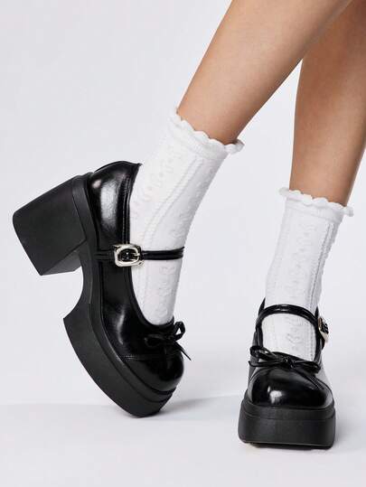 Goth Women's Black Mary Jane Shoes, Closed Toe, Single Strap With Bow, Chunky Heel, Formal Work Shoes, Punk Rock Style, Cross Stud Decor, Platform Wedge Oxfords