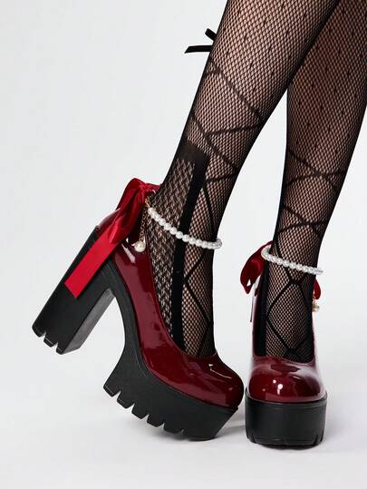 Goth Women's Thick Sole Chunky Heel Pumps, Fashion Solid Color Pearl Buckle Lace Bow Decor High Heel Mary Jane Shoes, Suitable For Party, Outing, And Dating