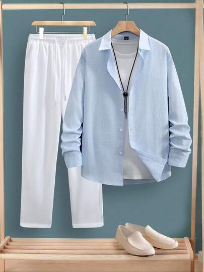 Manfinity Homme 男士纯色长袖单排扣衬衫和抽绳腰裤休闲套装