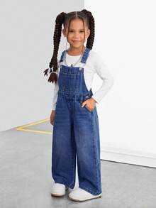 SHEIN 女童蓝色无袖休闲舒适透气宽松牛仔背带裤 - 深色水洗藍 - 查看 4