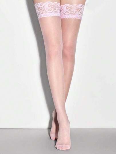 Goth زوج جوارب طويلة لبالية الرقص بتطريز الدانتيل الوردي، جوارب شفافة مرنة بتصميم قطع الدانتيل الجنسي