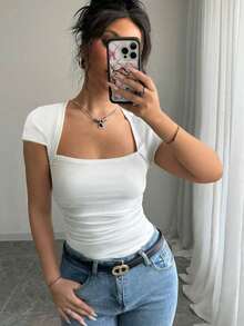 Selianne Fashionable Form-Fitting Raglan Sleeve U-Neck Gathered Waist High Stretch Knit White T-Shirt For Women, Spring/Summer - White - View 7