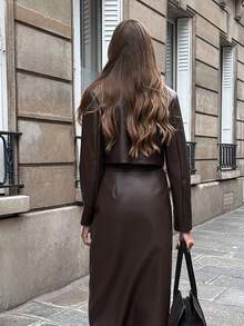 Pariaura Women's Fashion Commuter Jacket And Skirt 2 Pieces Set - Chocolate Brown - View 2