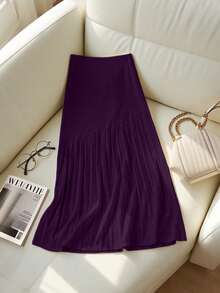 Franclia 新款褶裥拼接针织半身裙，高腰显瘦毛衣裙，A字休闲女裙 - 紫色 - 查看 2