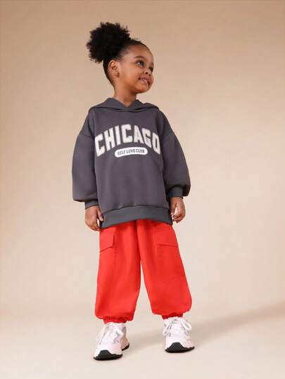  SUMWON Chicago Self Love Club Printed Girls Hoodie Without Drawstring Hood And Contrast Jogger Co Ord Set Vacation