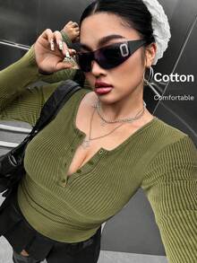 SHEIN EZwear 大码绿色半拉链插肩长袖休闲修身 T 恤 - 綠色 - 查看 4