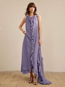 Ontre 2pcs Women's Autumn/Winter Chiffon Dress With Tie Front And Ruffle Hem, Loose Fit, Suitable For Urban Commute, Business, Casual, Vacation, Beach - Purple - View 8