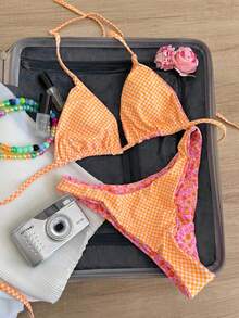 Swim Mod Springbreak 女式可爱性感印花双面三角比基尼泳装套装，侧系带泳裤，可调节两件套海滩度假装，波西米亚风 - 彩色 - 查看 4