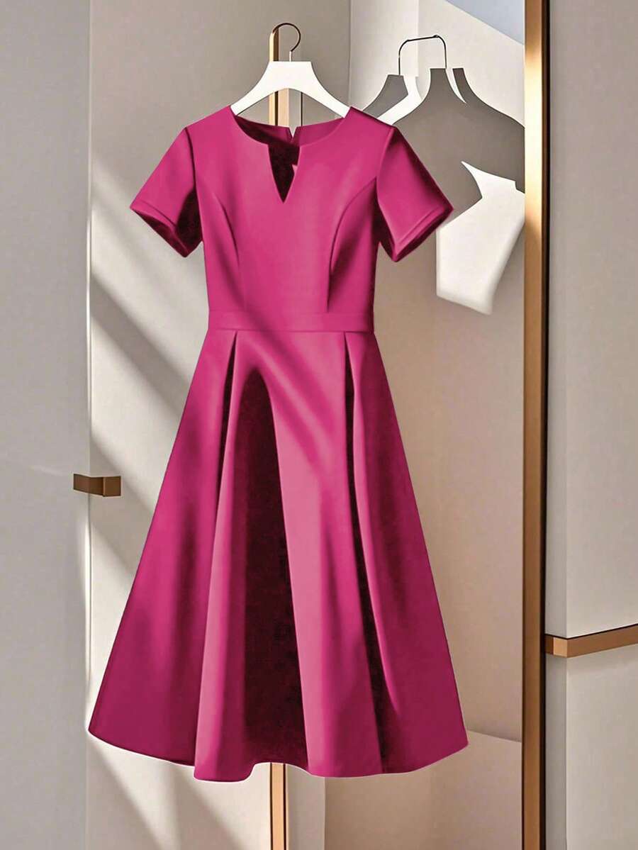 GlowEve CURVE Plus Size Minimalist Solid Color Notched Neck Short Sleeve Dress, Summer - Hot Pink - View 1