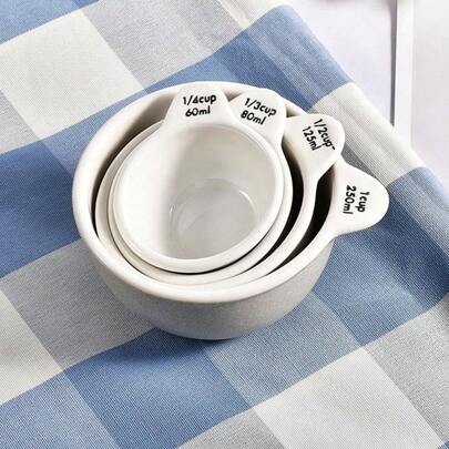 1 Bộ cốc đong bằng gốm sứ hình bát nhỏ sáng tạo, sứ xương mới tráng men đá cẩm thạch, bộ 4 bát nhỏ dễ thương, cốc đong sữa bằng gốm, bát đong trứng, bát nướng, cốc đong, gốm sứ, thước đo tiêu chuẩn, bộ 4 bát có tay cầm, bao gồm 1 cốc, 1/2 cốc, 1/3 cốc và 1/4 cốc, dùng được trong máy rửa chén
