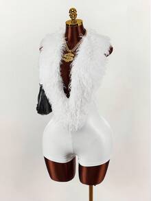 Y2K Amplova Party Style Silver Furry Neck Splice PU Sexy Women's Jumpsuit Women Body Suit Backless Sexy Women Clothes Bodysuits For Women Sexy, Autumn/Winter Thanksgiving And New Year Party - Multicolor - View 3