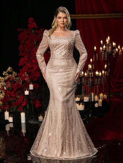 Glamrae Vestido elegante y romántico de talla grande con cuello cuadrado, manga larga, transparente, con adornos de strass y perlas, y bajo de cola de sirena, adecuado para bodas, fiestas, ocasiones formales, galas y vestidos de noche formales (diseño muy adornado)
