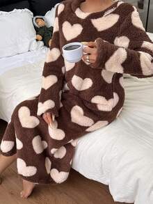 Snug Zone Women's Loose Casual Fluffy Big Heart Print Crew Neck Long Brown Lounge Dress Cute Fluffy Lounge Wear Pajama Dress , Cozy Winter Cute Lounge Set Heart Pajama Set Brown Pj Set Pajamas Lounge Set - Multicolor - View 4