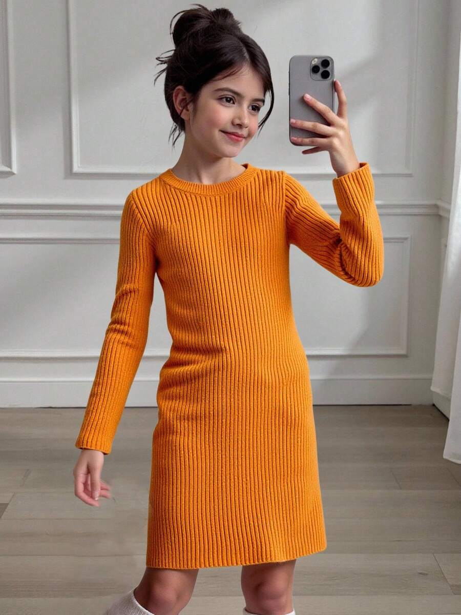 Girls Knitted Slim Fit Sweater Dress, Orange, Autumn, Casual, School, Back-To-School, Long Sleeve Ribbed Knit Dresses For Tween Girl Party & Outing Fall Clothes - Orange - View 1