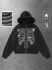 ROMWE MEN Street Life Unisex Rhinestone Embellished Skeleton Zip-Up Hooded Sweatshirt, Casual Street Style, Autumn/Winter, Long Sleeve Top - Black - View 3