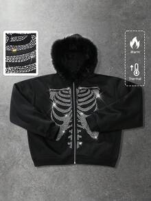 ROMWE MEN Street Life Unisex Rhinestone Embellished Skeleton Zip-Up Hooded Sweatshirt, Casual Street Style, Autumn/Winter, Long Sleeve Top - Black - View 1
