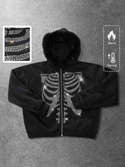 Street Life Unisex Rhinestone Embellished Skeleton Hoodie Sweatshirt, Casual Street Style, Autumn/Winter