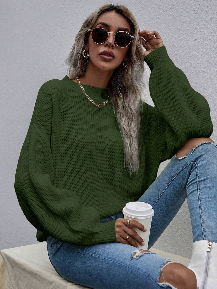 SHEIN LUNE Casual Solid Color Dropped Shoulder Loose Knit Sweater, Autumn/Winter - Green - View 1