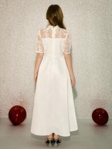 Satin Lace Patchwork Embroidered Mesh Dress, High-End White Formal Dress For Tween Girl - White - View 2