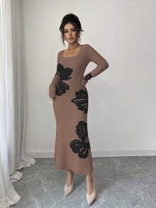 Elenzga Váy len bó sát eo dệt kim Jacquard cổ vuông - Màu Khaki - Xem 3