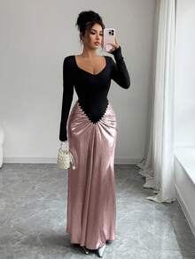 Selianne Damen Farbblock Langarm Kleid mit Perle Dekor und Raffung, elegantes Design - Pink - Übersicht 3