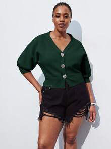 Maija Plus Size Women Floral Button Dropped Shoulder Knit Sweater, Elegant For Urban Commute, Business, Casual, Christmas, New Year Party