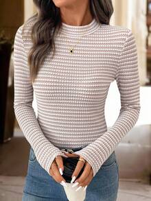 SHEIN Clasi Women's Stand Collar Knit Fitted Elastic Casual Striped Tee, Khaki, Elegant For Daily Wear, Autumn/Winter T-Shirt For Women Knitted Top Basic Top - Khaki - View 14