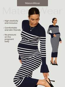 MaterniWear 孕妇休闲条纹紧身毛衣裙，秋冬 - 藍白色 - 查看 9