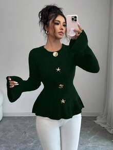 SHEIN Elenzya 女士优雅金属扣袖口荷叶边下摆长袖毛衣，秋冬款 - 綠色 - 查看 3