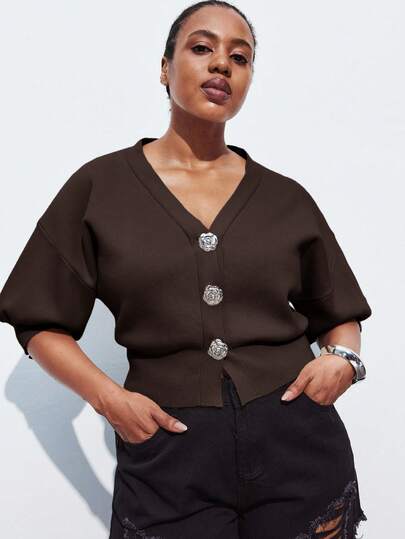 Maija Plusstorlek Dam Enfärgad Midja Figursydd Elegant Stickad Tröja, Lämplig För Stadspendling, Affärer, Casual, Jul, Nyårsfest