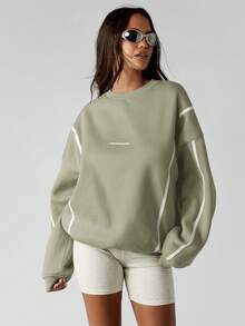 MISSGUIDED 宽松圆领卫衣，饰有白色条纹细节和落肩设计，适合休闲叠穿 - 卡其色 - 查看 3